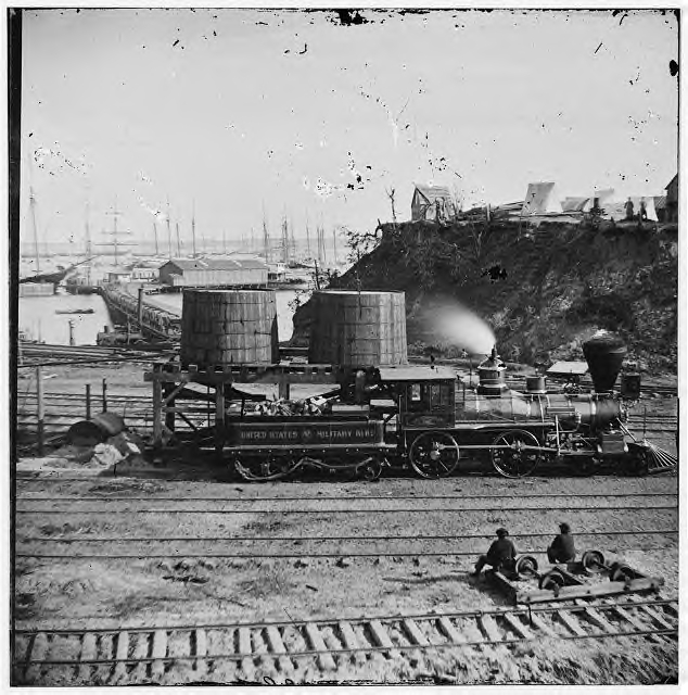 A clear view of a Union locomotive at City Point, Va. in 1865. This locomotive is very representative of all the locomotives used by both sides during the war.